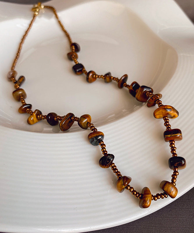 Retro Chocolate Alloy Tiger Eye Stone Beading Gratuated Bead Necklace