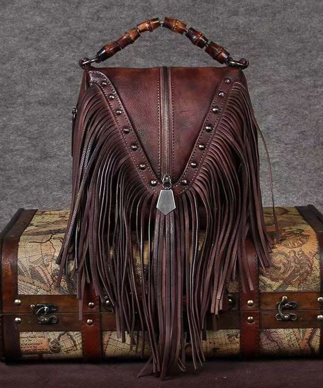 Retro Coffee Cowhide Tassel Rivet Shoulder Bag