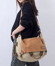 Retro Coffee Large Capacity Calf Leather Patchwork Canvas Satchel Bag Handbag