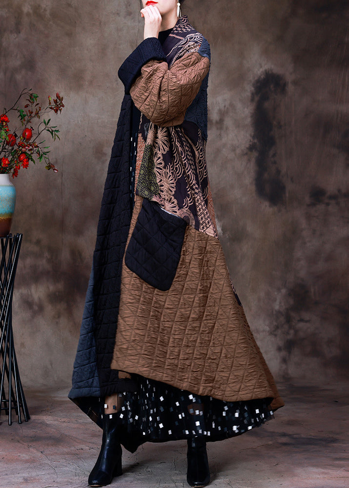 Retro Chocolate Patchwork Black Colour V Neck Asymmetrical Button Pockets Print Cotton Thick Maxi Coat Long Sleeve