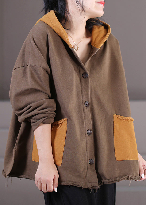 Retro Chocolate Patchwork Cotton Hooded Coats Fall