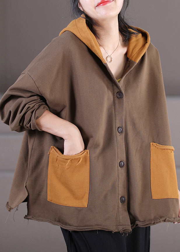 Retro Chocolate Patchwork Cotton Hooded Coats Fall