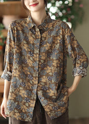 Retro Chocolate Peter Pan Collar Print Linen Shirt Top Spring