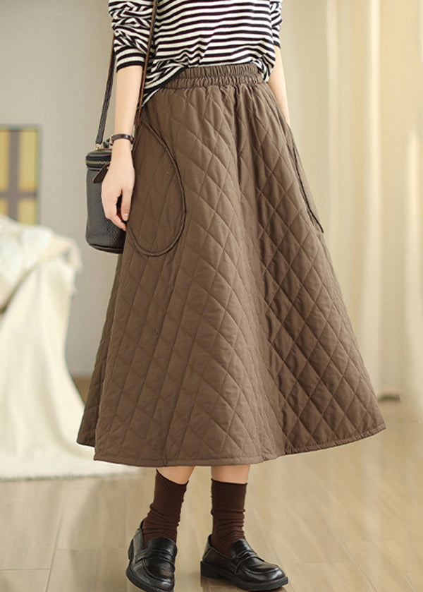 Retro Coffee Pockets Elastic Waist Fine Cotton Filled Skirt Winter