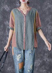 Retro Colorblock V Neck Patchwork Linen Shirt Tops Summer