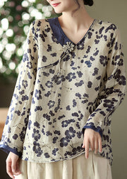 Navy Floral Linen Tops Long Sleeve