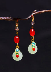 Retro Coral Catenation Zircon Fine Jade Drop Earrings