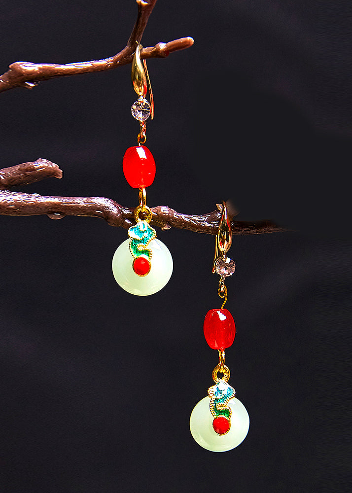 Retro Coral Catenation Zircon Fine Jade Drop Earrings