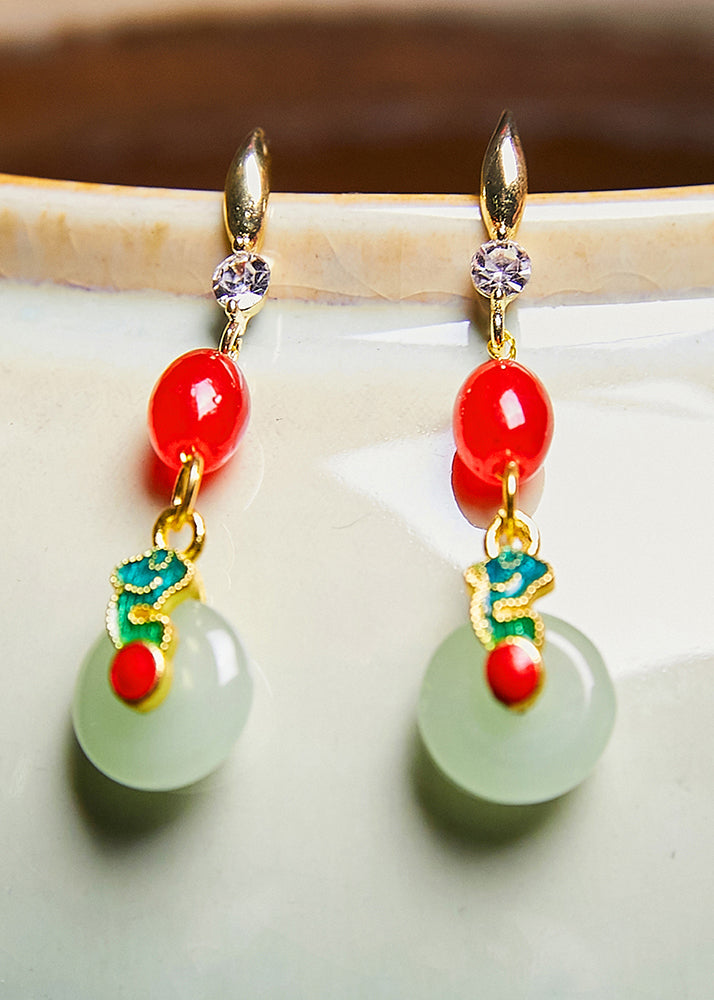 Retro Coral Catenation Zircon Fine Jade Drop Earrings