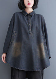 Retro Datrk Blue Peter Pan Collar Button Patchwork Denim Coats Long Sleeve