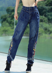 Retro Denim Blue Button Embroideried Floral Straight Pants Spring