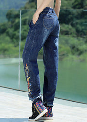 Retro Denim Blue Button Embroideried Floral Straight Pants Spring