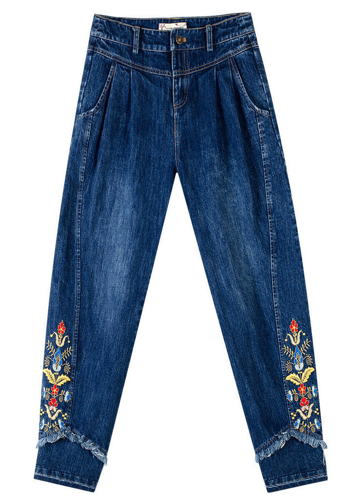 Retro Denim Blue Button Embroideried Floral Straight Pants Spring