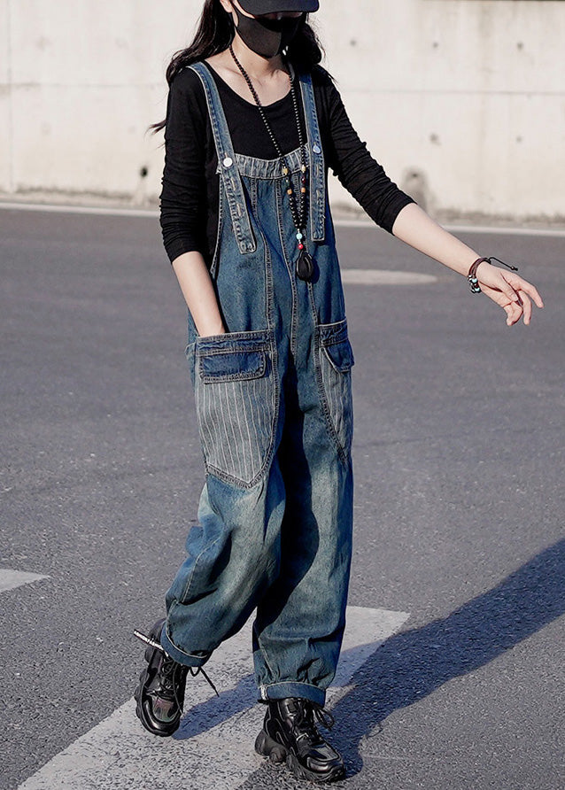 Retro Denim Blue Patchwork Button Harem Jumpsuit Spring