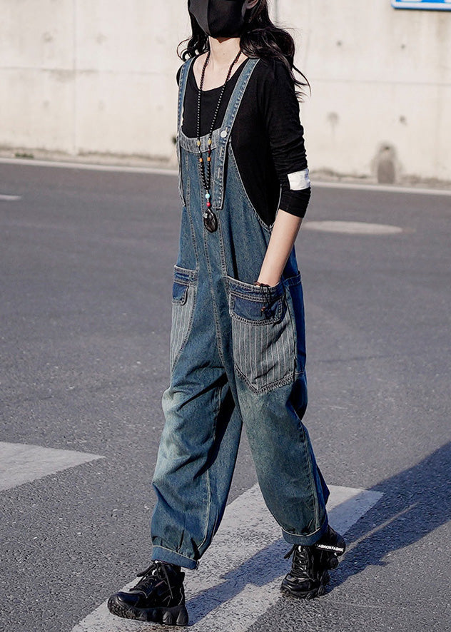 Retro Denim Blue Patchwork Button Harem Jumpsuit Spring