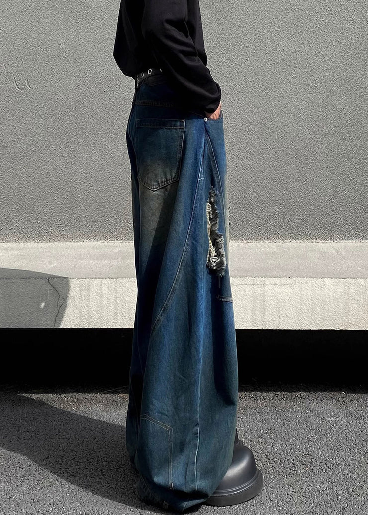 Retro Denim Navy Asymmetrical High Waist Hole Men Pants Fall