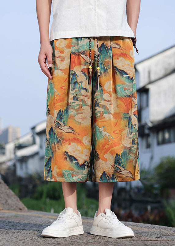 Retro Dragon Printed Oversized Men Wide Leg Pants Summer