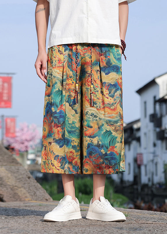 Retro Dragon Printed Oversized Men Wide Leg Pants Summer