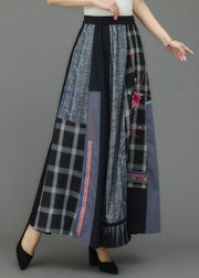 Retro Embroideried Floral Pockets Plaid Patchwork Elastic Waist Skirts Fall