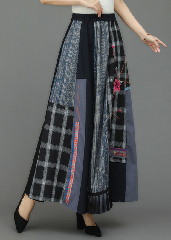 Retro Embroideried Floral Pockets Plaid Patchwork Elastic Waist Skirts Fall