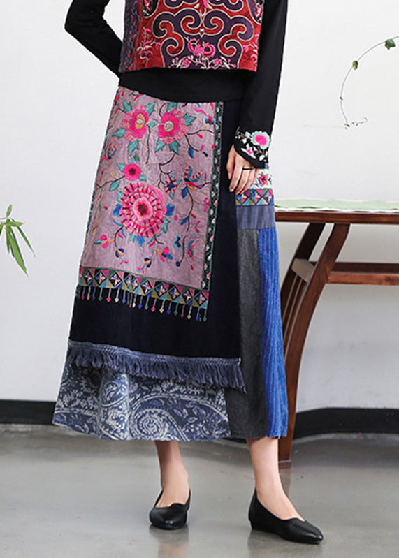 Retro Embroideried Pockets Floral Elastic Waist Cotton A Line Skirt Fall