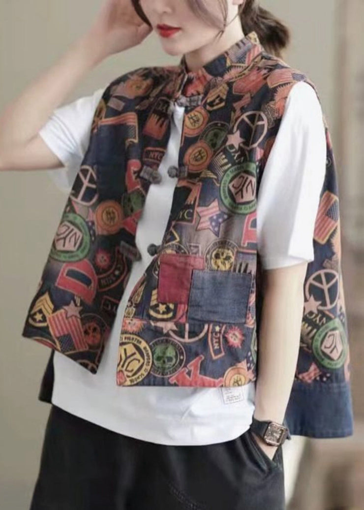 Retro Floral Colour Stand Collar Print Button low high design Waistcoat Sleeveless