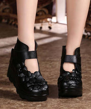 Retro Floral Splicing Platform High Heels Black Cowhide Leather