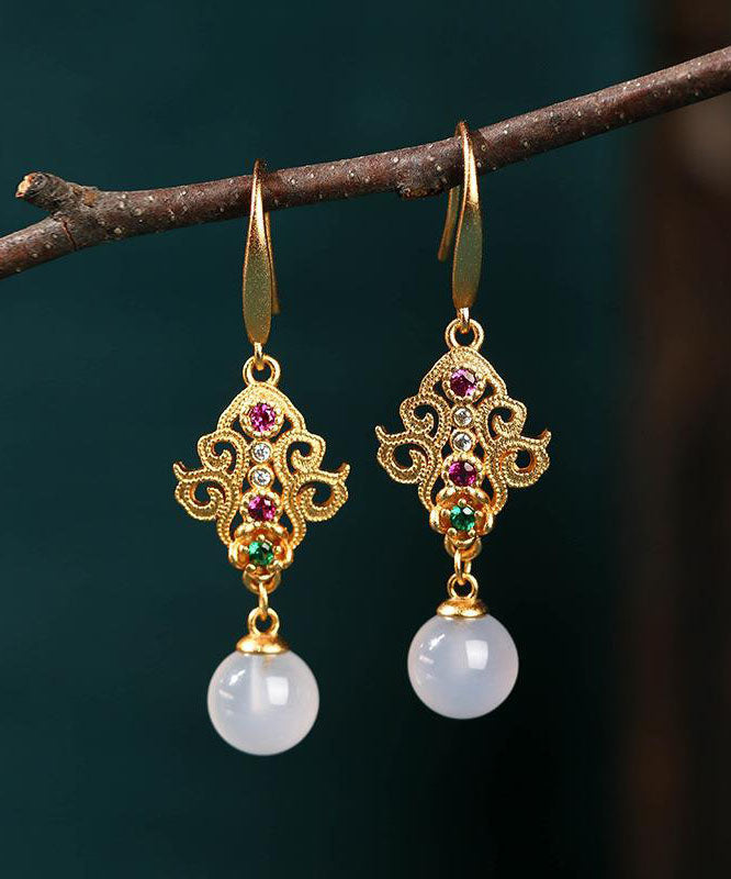 Retro Gold Ancient Gold Inlaid Zircon Chalcedony Sphericity Drop Earrings