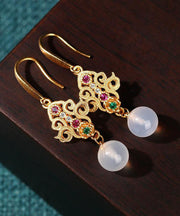 Retro Gold Ancient Gold Inlaid Zircon Chalcedony Sphericity Drop Earrings