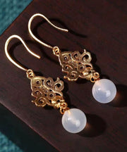 Retro Gold Ancient Gold Inlaid Zircon Chalcedony Sphericity Drop Earrings