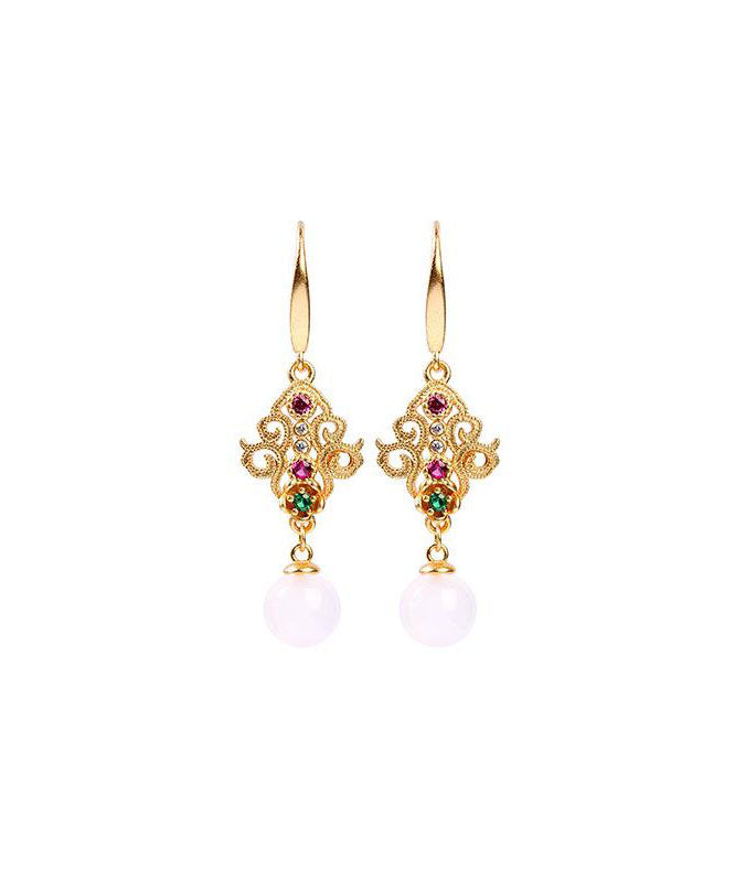 Retro Gold Ancient Gold Inlaid Zircon Chalcedony Sphericity Drop Earrings