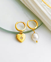 Retro Gold Copper Overgild Asymmetricar Zircon Glass Pearl Heart Hoop Earrings