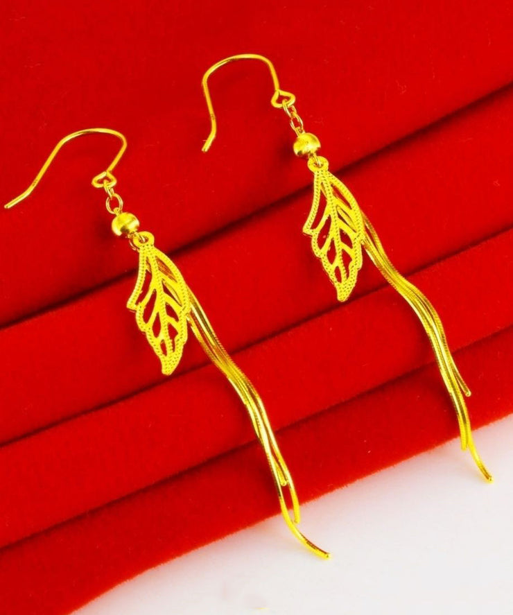 Retro Gold Sterling Silver Overgild Hollow Out Leaves Tassel Drop Earrings