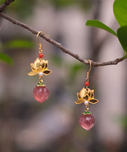 Retro Gold Sterling Silver Overgild Inlaid Gem Stone Lotus Drop Earrings