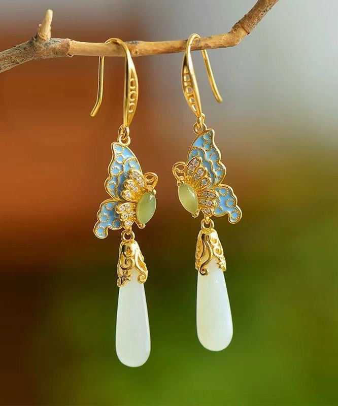 Retro Gold Sterling Silver Overgild Jade Enamel Butterfly Water Drop Drop Earrings