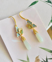 Retro Gold Sterling Silver Overgild Jade Enamel Butterfly Water Drop Drop Earrings