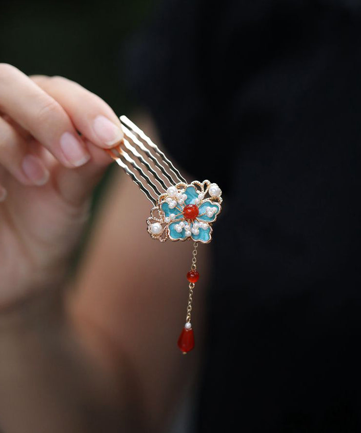 Retro Gold Sterling Silver Overgild Pearl Floral Enamel Hairpin