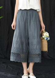 Retro Grayish Blue Hollow Out Embroideried Wide Leg Crop Pants Summer