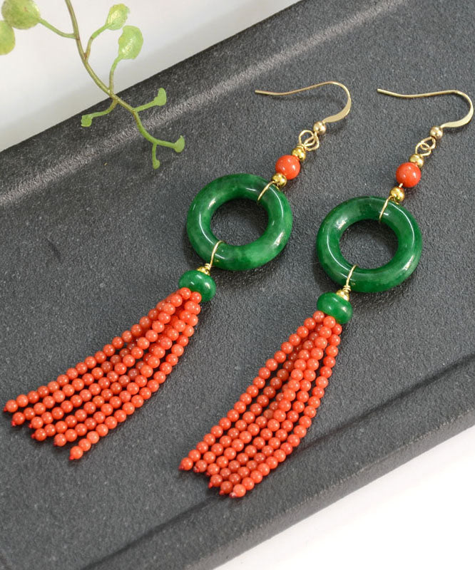 Retro Green 14K Gold Jade Tassel Circle Drop Earrings