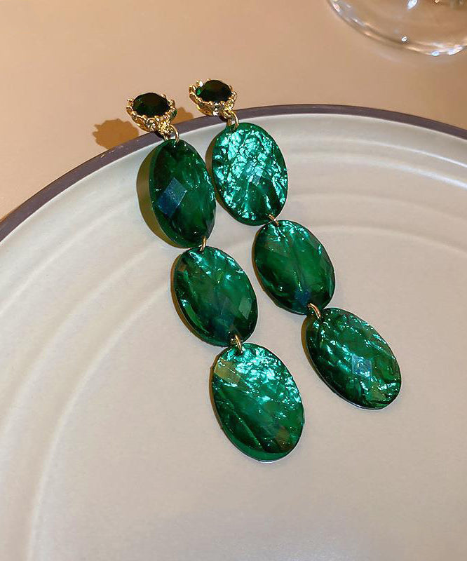 Retro Green Alloy Acrylic Zircon Oval Tassel Drop Earrings