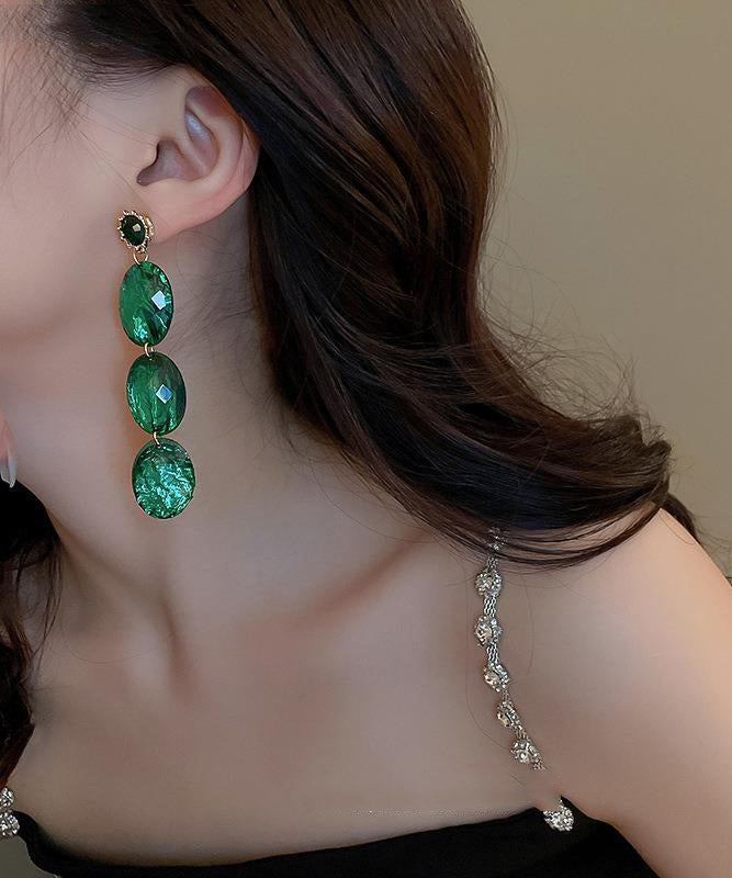 Retro Green Alloy Acrylic Zircon Oval Tassel Drop Earrings