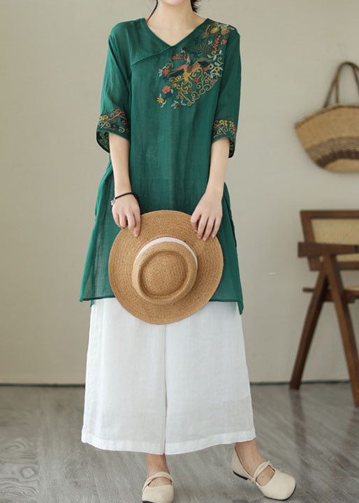 Retro Green Embroideried Patchwork Linen Mid Dresses Summer