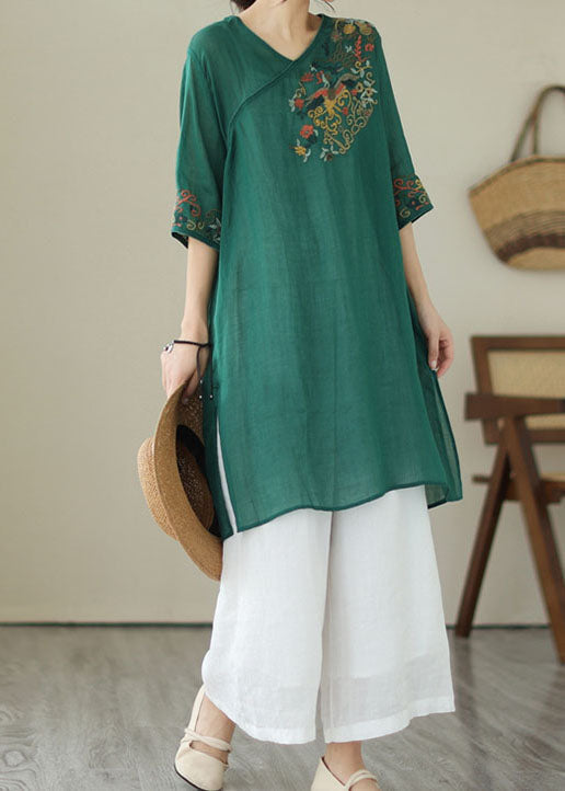 Retro Green Embroideried Patchwork Linen Mid Dresses Summer