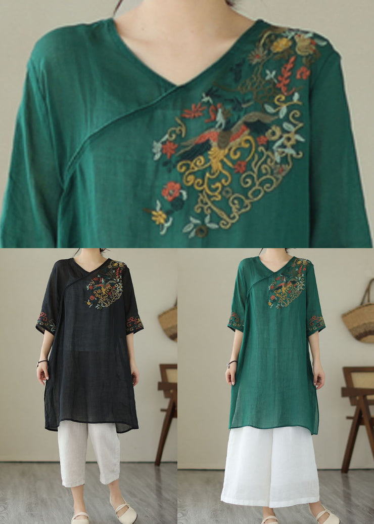 Retro Green Embroideried Patchwork Linen Mid Dresses Summer