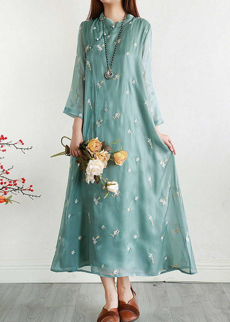 Retro Green Embroideried Patchwork Long Silk Dresses Summer