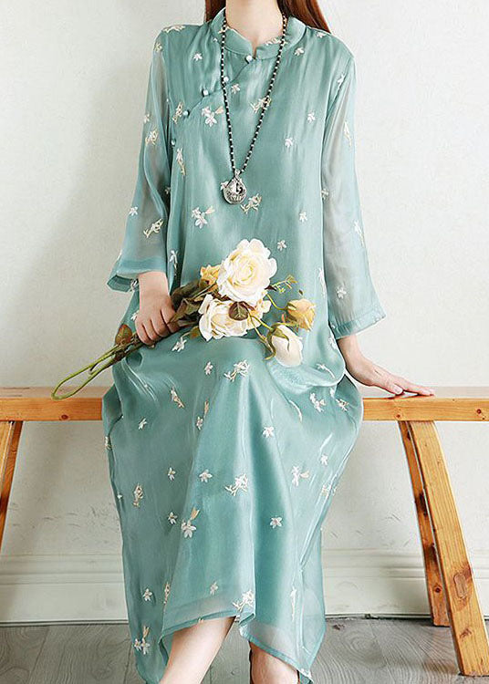 Retro Green Embroideried Patchwork Long Silk Dresses Summer