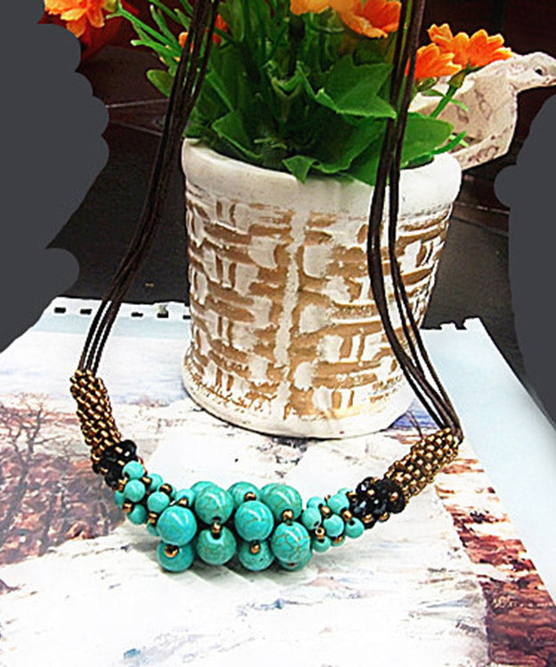 Retro Green Faux Leather Turquoise Gratuated Bead Necklace