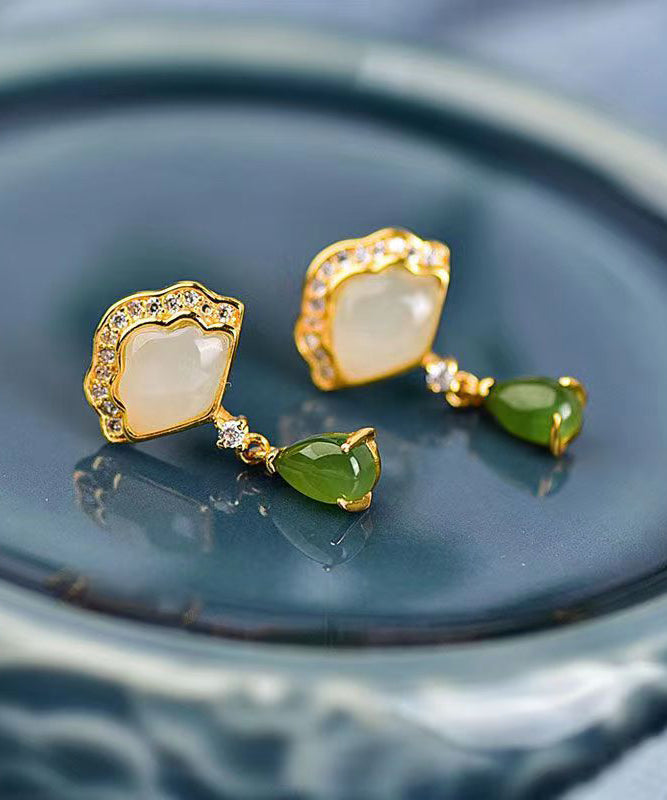 Retro Green Jade Zircon Silver Stud Earrings