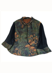 Retro Green Peter Pan Collar Button Print Patchwork Silk Shirt Spring