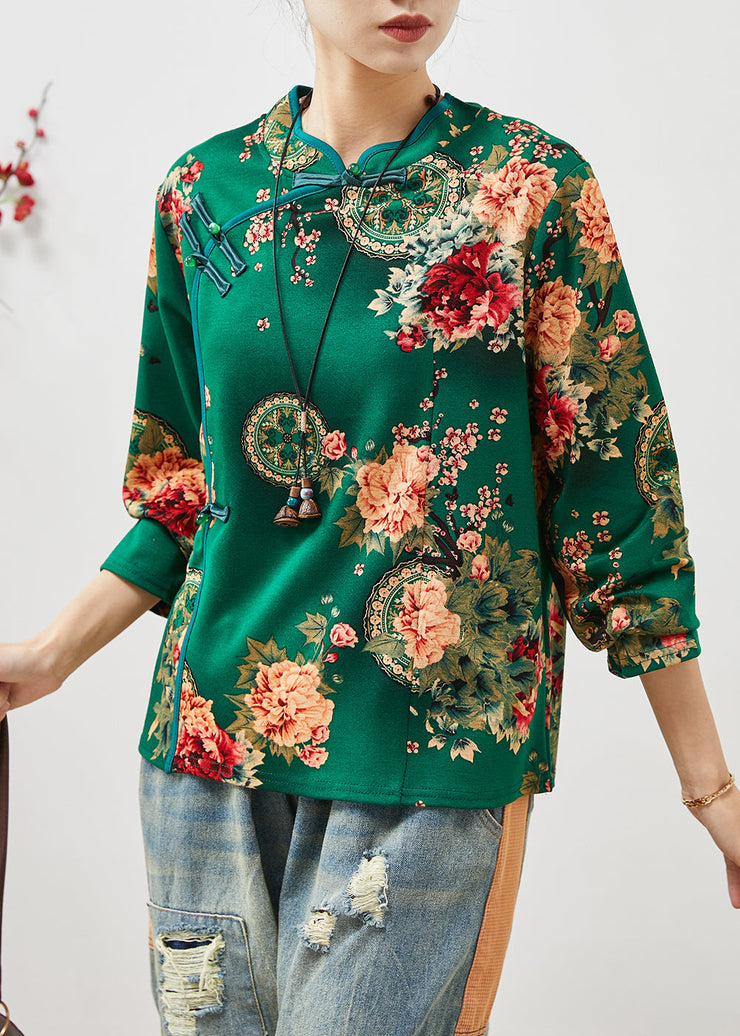 Retro Green Print Chinese Button Cotton Top Fall